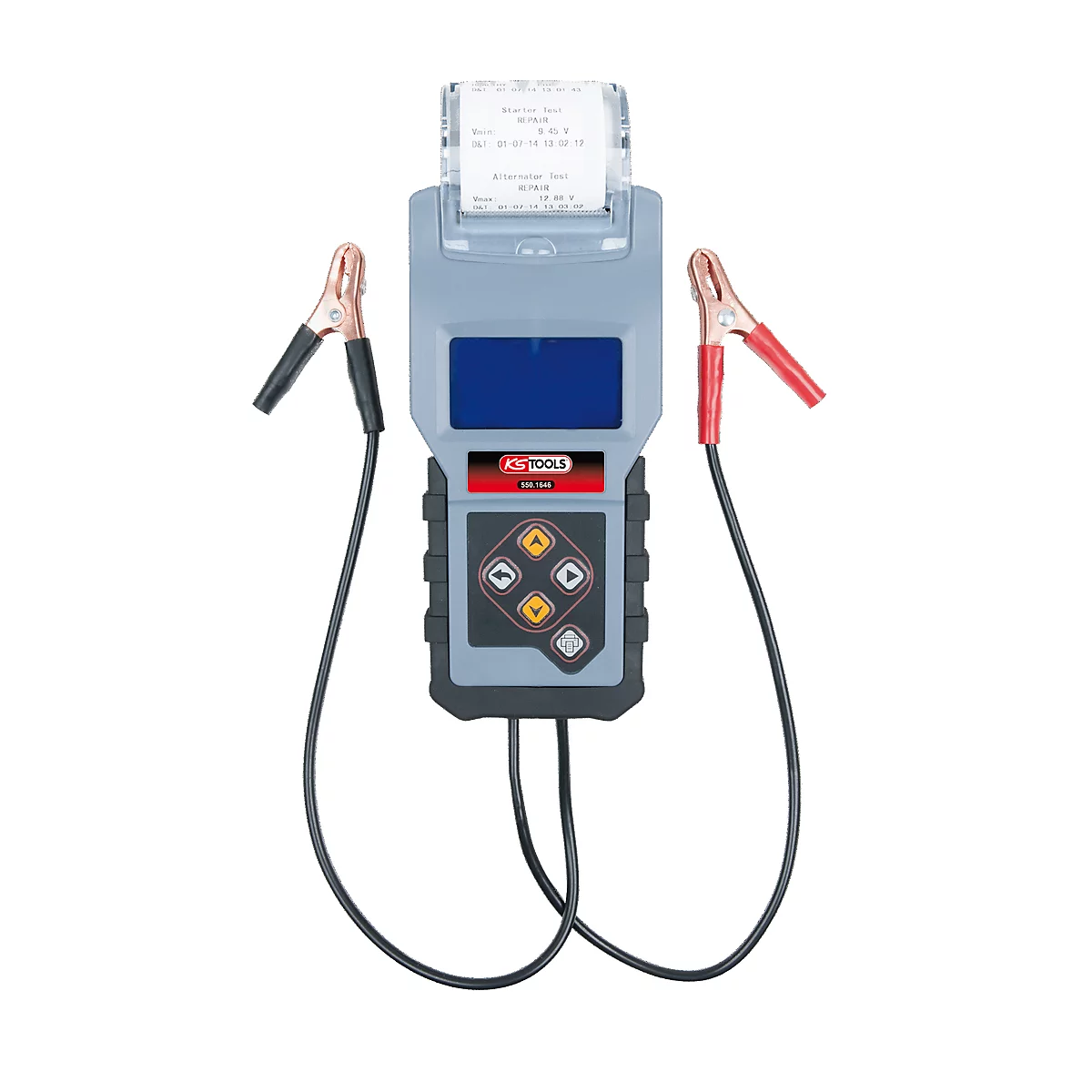 Batterietester mit Klemmen und Drucker. Graues Gerät mit schwarzem und rotem Kabel. Aufgedruckte Testergebnisse.
